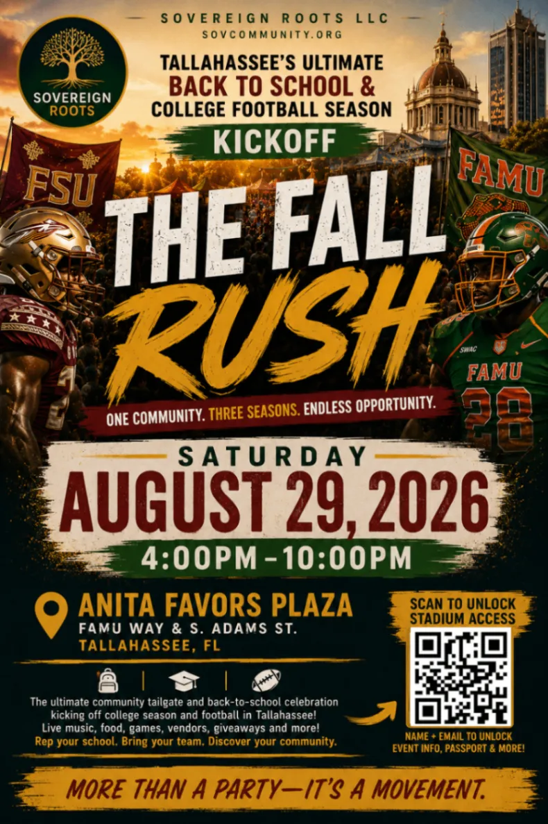 The Fall Rush event flyer for Saturday, August 29, 2026, at Anita Favors Plaza in Tallahassee