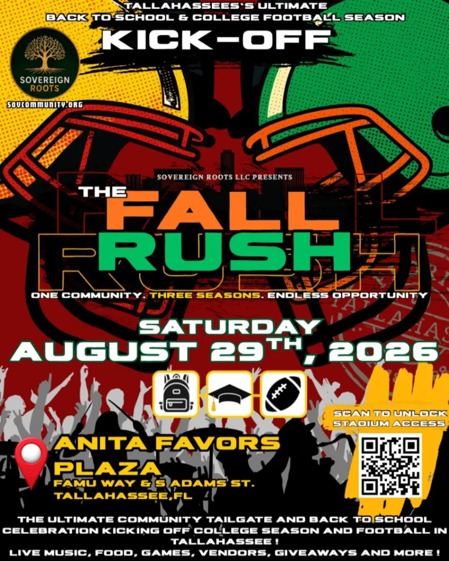 Supporting Fall Rush kickoff flyer featuring the community tailgate at Anita Favors Plaza