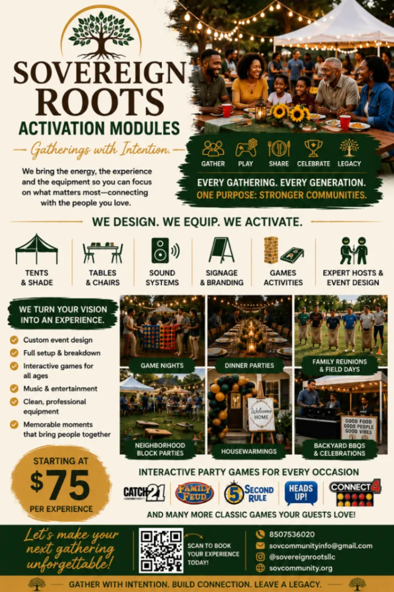 Sovereign Roots activation modules showing family reunions, neighborhood events, food, and games