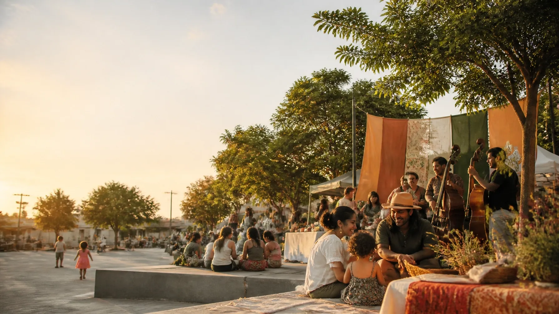 Families and neighbors sharing food and music at a public gathering