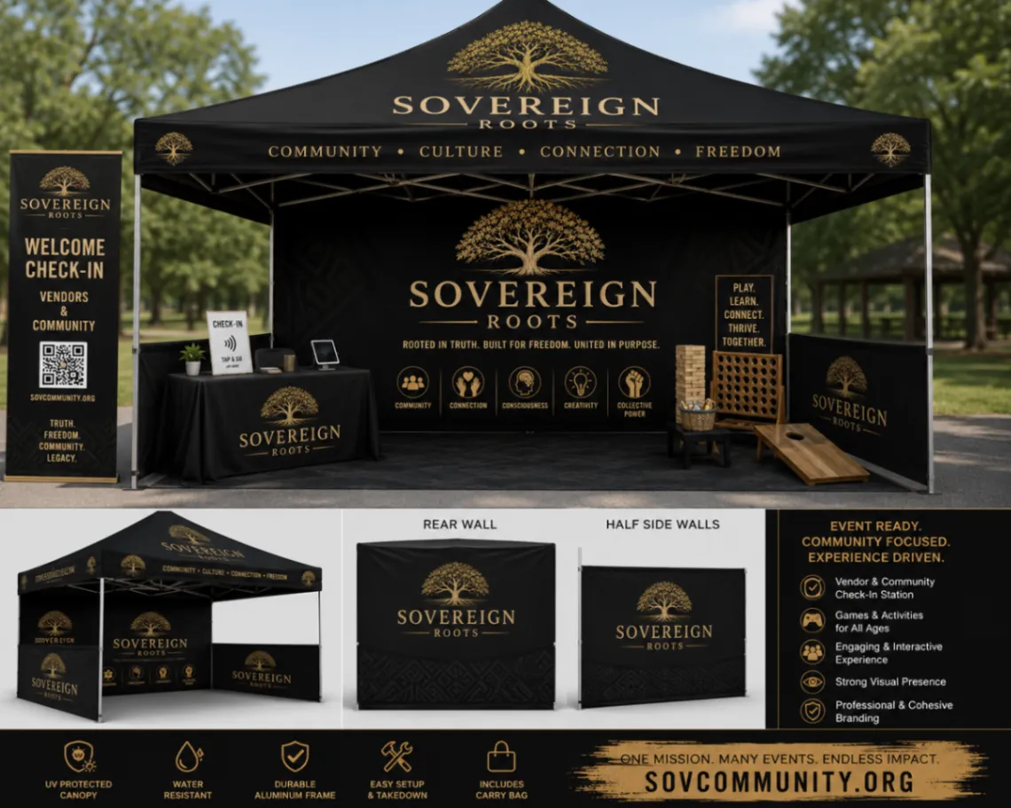 Sovereign Roots branded event booth with a check-in station, activities, and community messaging