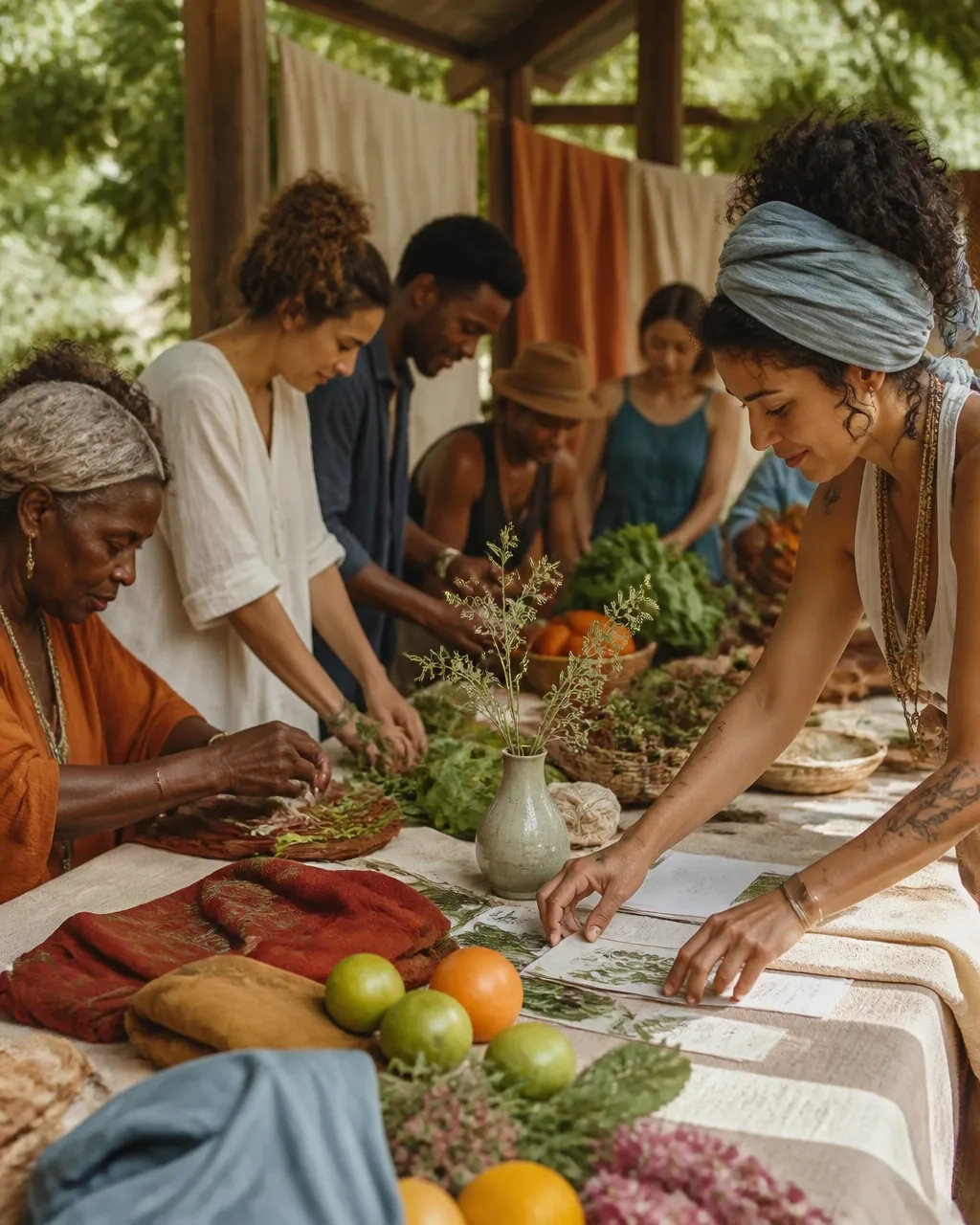 Community members preparing food and making art together at a workshop table